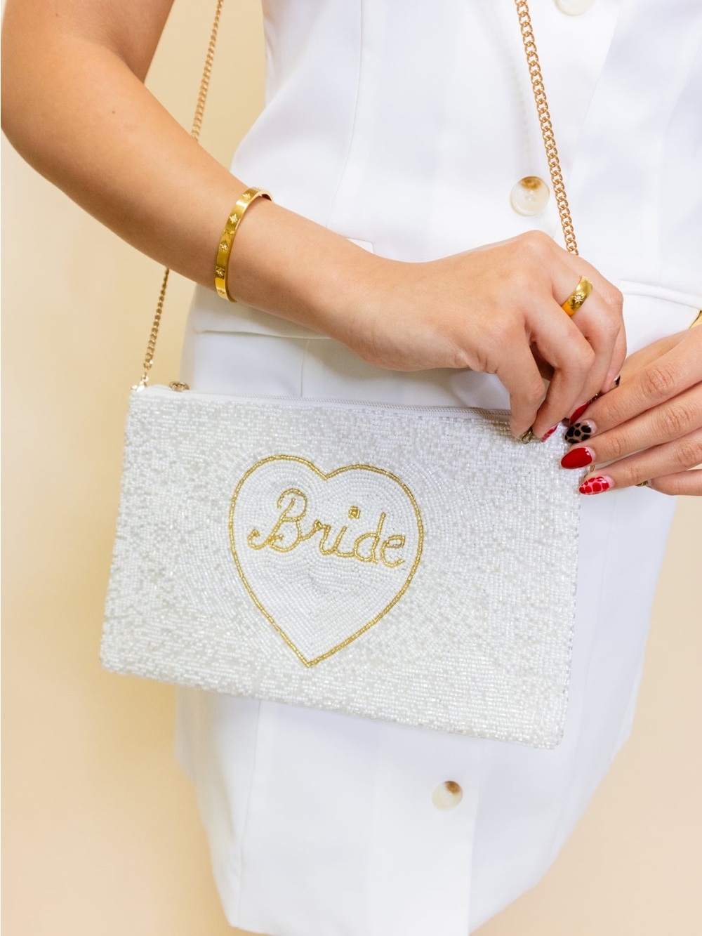 White & Gold Heart 'Bride' Beaded Bag/Clutch with Gold Chain‎ 🕊️